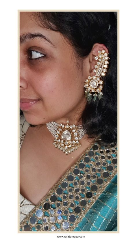 Festive, wedding jewelry, moissanite stones pearl choker and ear cuff earrings.. diwali, wedding , sangeet,.mehendi.. Diamond Ear Cuff Earrings, Gold Ear Cuff Indian Jewelry, Moissanite Jewelry Indian, Gold Ear Cuff Earrings, Gold Ear Cuff Earrings Indian, Earcuffs Earrings Indian, Ear Cuffs Gold Indian, Diwali Wedding, Small Earrings Gold