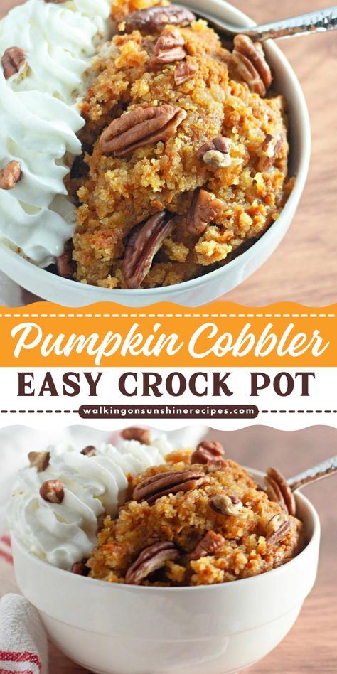 Easy as one, two, tree! Try this quick to prepare Pumpkin Cobbler - Easy Crock Pot Recipe. This pumpkin food idea burst with flavors and suits well to you sweet tooth cravings. Litterally, you just dump the ingredients on the crock pot and press the button to cook. This simple fall dessert recipe is incredibly simple and will surely be a hit! Crock Pot Lemon Desserts, Crockpot Pumpkin Pudding, Crock Pot Dump Desserts, Keto Crockpot Dessert Recipes, Crock Pot Pumpkin Pie, Crockpot Pumpkin Dessert Recipes, Fall Comfort Food Recipes Crock Pots, Crock Pot Pecan Pie Cobbler, Crockpot Pumpkin Dump Cake Crock Pot