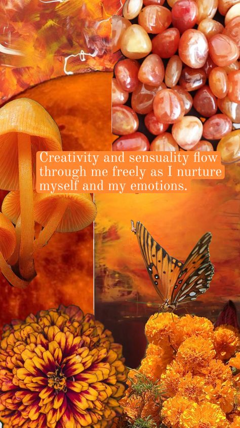 "Creativity and sensuality flow through me freely as I nurture myself and my emotions." Carnelian Aesthetic, Chakra Aesthetic, Aesthetic Collage Wallpaper, Fashion Show Themes, Inspirational Wallpaper, Collage Wallpaper, Age Of Aquarius, Orange Aesthetic, Inspirational Wallpapers