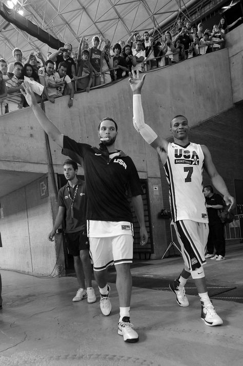 Deron Williams and Russell Westbrook wave to the crowd. Deron Williams, William Russell, Okc Thunder, Nba Legends, Russell Westbrook, Bw Photo, All Star, Nba, Basketball Court