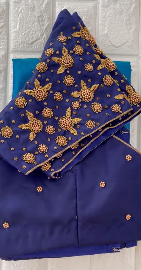 Zardosi work blue color blouse Blue Color Aari Work Blouse Design, Dark Blue Blouse Aari Work Designs, Floral Aari Work Blouse, Simple Zardosi Work Blouses, Ruffle Blouse Designs, Zardosi Work Blouse, Aari Work Blouse Design, Magam Work Designs, Magam Work