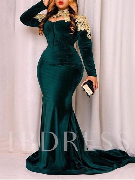 Trumpet Floor-Length Long Sleeves Empire Evening Dress 2021 Luxury Floor-length Long Sleeve Dress For Gala, Luxury Floor-length Velvet Dress For Wedding, Spice Closet, Floor-length Velvet Evening Dress For Gala, Green Long Sleeve Mermaid Evening Dress, Prom Dress With Gold, Velvet Plus Size, English Wears, Luxury Velvet Maxi-length Evening Dress