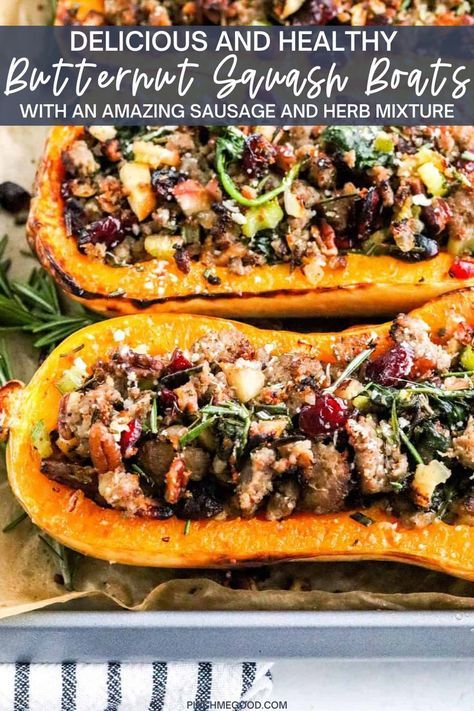 These are insanely delicious and healthy butternut squash boats stuffed with sausage, apples, craisins, and an amazing mixture of herbs and spinach. This is veggie-packed, protein-packed, gluten-free, and the perfect recipe for Thanksgiving or Christmas! Sausage Stuffed Squash, Sausage Stuffed Butternut Squash, Easy Squash Recipes, Butternut Squash Sausage, Best Butternut Squash Recipe, Stuffed Butternut Squash, Stuffed Butternut, Stuffed Squash, Sage Sausage