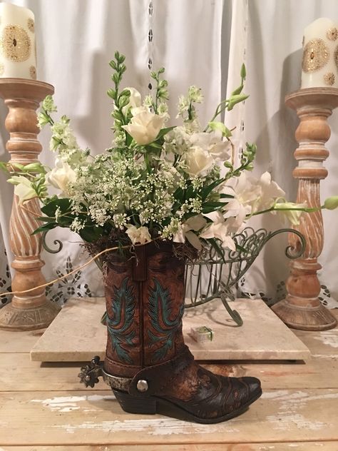 Flowers I got my husband, I think this would be soooo cute for Country Wedding, got the boot on Amazon Western Flower Centerpieces, Boot Centerpieces Western, Boot Wreath, Boot Centerpiece, Charcuterie Box, Boot Vase, Cowboy Chic, Dream Ideas, Event Decorating