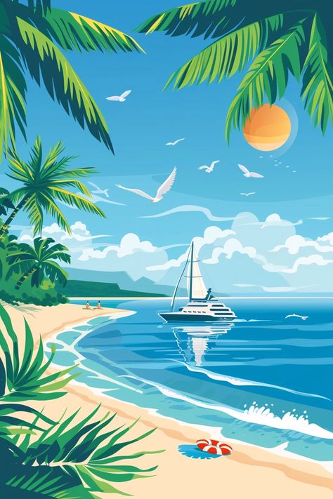 💎🌟Travel Wall Art with Midjourney Prompts - Click the Link in my Bio🎉🔗 Aesthetic Island Drawing, Beach Digital Illustration, Easy To Draw Beach Scene, Surf Room Decor, Beach With Palm Trees, Floral Cards Design, Beach Illustration, Whimsical Paintings, Cottage Art