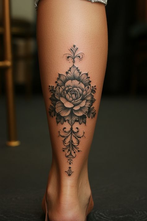 Detailed black and grey floral tattoo on a person's lower leg. Unique Calf Tattoos, Women Leg Sleeve, Leg Quote Tattoo, Calf Sleeve Tattoo, Calf Tattoo Ideas, Leg Band Tattoos, Wreath Tattoo, Shin Tattoo, Optical Illusion Tattoo