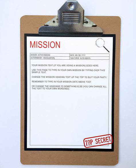 Secret Agent Party Top Secret Mission | Spy Birthday Party Theme | Editable Template | INSTANT DOWNLOAD via SIMONEmadeit.com Top Secret File Template, Mission Impossible Party, Camporee Ideas, Detective Themed Classroom, Secret Agent Birthday Party, Secret Agent Birthday, Mission Impossible Theme, Secret Agent Party, Spy Birthday Parties