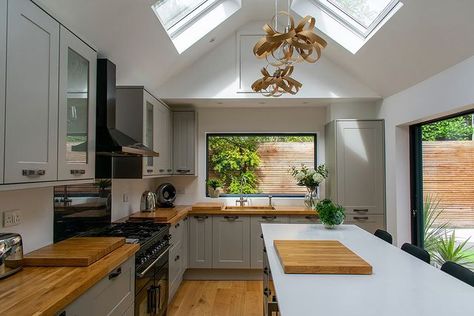 Home • Instagram Velux Windows Kitchen, Pitched Roof Extension, Single Patio Door, Kitchen Patio Doors, Roof Lights, Skylight Kitchen, Open Plan Kitchen Living Room, Roof Extension, Door Picture