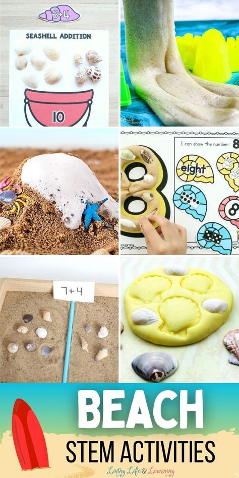 Discover the joy of learning with these Beach STEM Activities for Kids!   Turn your beach outings into a fun-filled educational adventure or even   bring the joys of the beach into your homes. From exploring grains of   sand to doing seashell experiments, these activities blend the beauty of   the beach with exciting science, technology, engineering, and math   concepts. Perfect addition to your homeschool summer activities! Beach Stem Activities For Kids, Beach Day Activities For Kindergarten, Beach Stem Activities, Homeschool Summer, Preschool Steam, Toddler Stem, Kids Stem Activities, Chemistry For Kids, Stem Activities For Kids