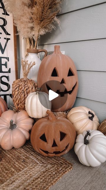 Terra Cotta Pumpkin Decor, Terracota Pumpkin Diy, Terracotta Pumpkins Front Porch, Terracotta Jack O Lantern, Cheap Pumpkin Decor, Terracotta Pumpkin Diy, Pottery Barn Pumpkins Diy, Diy Terracotta Pumpkin, Stacked Pumpkins Porch