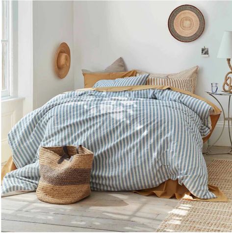 Bedding Colors, Piglet In Bed, Apartment Vision Board, Beds Uk, Stripe Bedding, Bed Ensemble, Blue Comforter, Striped Bedding, Striped Duvet