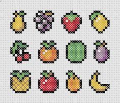 Kitchen Sampler Fruit Cross, Kawaii Cross Stitch, Cross Stitch Necklace, Tiny Cross Stitch, 8bit Art, Cross Stitch For Kids, Hama Beads Patterns, Pola Kristik, Mini Cross Stitch