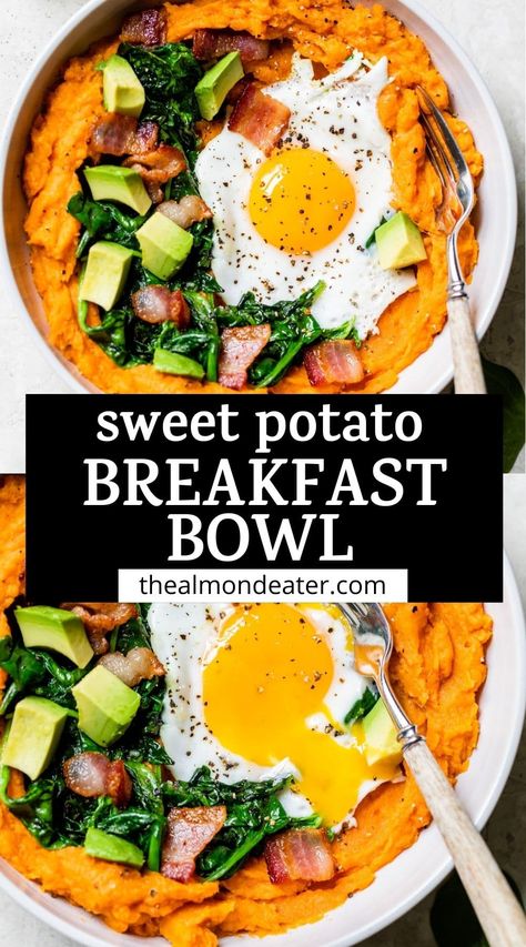 This SWEET POTATO BREAKFAST BOWL is a savory breakfast lover's dream! This recipe is made with mashed sweet potatoes then topped with bacon, spinach and a fried egg, and can easily be customized to your liking. The recipe itself is Whole30-approved, and SO delicious! #breakfastbowl #sweetpotato #whole30breakfast