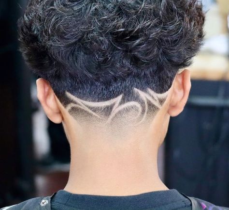 Mid Taper Design Haircut, Design On Hair For Men, Guy Haircuts Design, Guy Haircut Designs, Taper Fade With Initial Design, Back Taper Design Haircut Edgar, Hair Fade Designs, Nape Undercut Designs Simple, Freestyle Designs Haircut