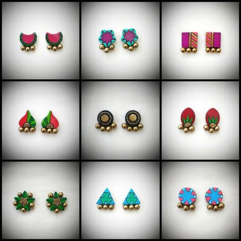 Handmade jewellery accessories at affordable prices Terracotta Jewellery Making Ideas, Fabric Panit, Terracotta Earrings Jhumkas, Terracotta Earrings Design, Terracotta Jewellery Designs Handmade, Terracota Earrings, Terracotta Earings, Terracotta Jhumkas, Terracotta Studs