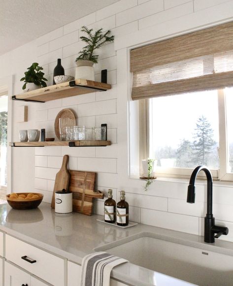 Whitewashed Fireplace, Allisa Jacobs, Shelves In The Kitchen, Basement Kitchenette, Shelving Brackets, Diy Wood Shelves, Tile Fireplace, Kitchen Remodel Before And After, Bright Kitchens