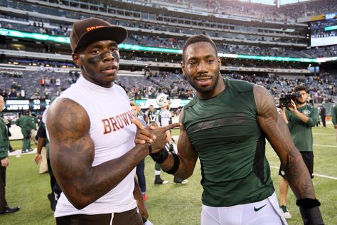 Cleveland Browns receiver Josh Gordon (12) exchanges jerseys with New York Jets defensive back Antonio Cromartie (31) in action against the New York Jets at Met Life Stadium in East Rutherford, New Jersey December 22,, 2013. Met Life Stadium, Josh Gordon, Defensive Back, December 22, Cleveland Browns, New York Jets, American Football, Cleveland, New Jersey