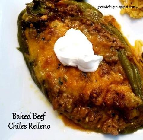 Fleur de Lolly: Baked Beef Chile Rellenos Beef Chili Relleno Recipe, Beef Chile Relleno, Beef Chile, Stuffed Chili Relleno Recipe, Hatch Chili Recipes, Chile Relleno Recipe, Green Chile Recipes, Chili Relleno, Beef Meals