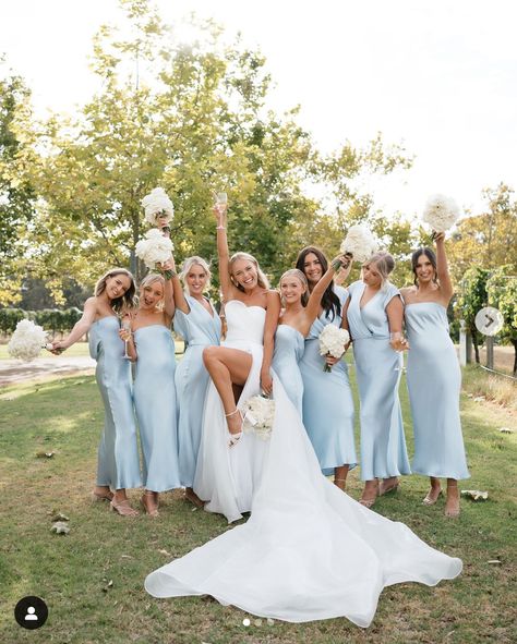 Ash Blue Bridesmaid Dresses, Different Shades Of Blue Bridesmaids, Bridal Party Blue, Timeless Wedding Theme, Pastel Colour Bridesmaid Dresses, Wedding Inspo Elegant, Bridesmaids Blue, Baby Blue Wedding, Large Bridal Party