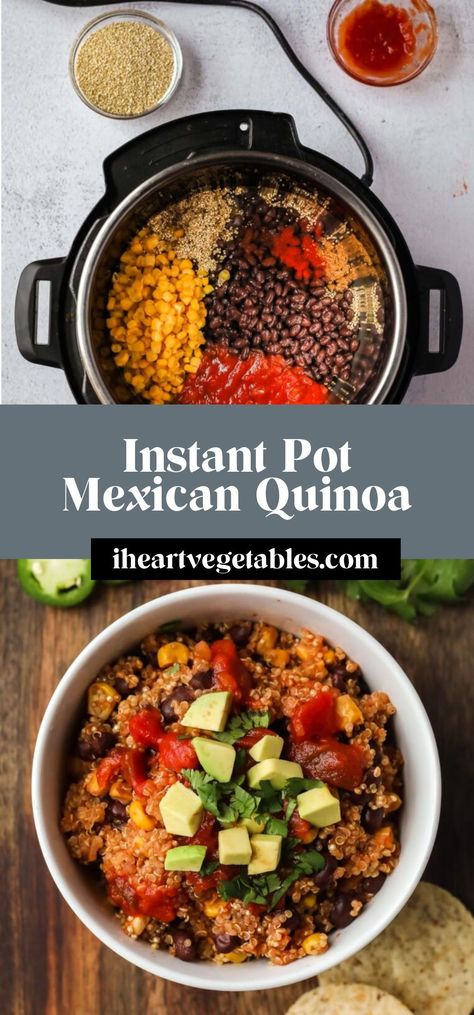 This Instant Pot Mexican-inspired quinoa is an easy “dump and go” recipe. Simply add the ingredients to your pressure cooker, turn it on, and dinner is ready in minutes! Mexican Quinoa Instant Pot, Instant Pot Freezer Dump Meals Healthy, Instant Pot Healthy Desserts, Slow Cooker Quinoa Recipes, Vegan Instant Pot Dump Recipes, Instant Pot Quinoa Recipes Easy, Instapot Quinoa Recipe, Healthy Instant Pot Breakfast Recipes, Instant Pot Veggie Recipes