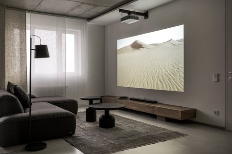 Projector Screen Living Room, Japandi Interiors, Sitting Room Design, Home Cinema Room, Interior Design Per La Casa, Home Design Living Room, Minimalist Interior Design, Living Room Tv Wall, Home Cinemas