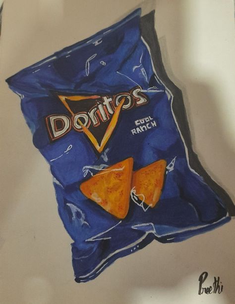 Using alcohol markers and colour pencils Doritos Drawing, Chips Drawing, Using Alcohol Markers, Color Pencil Sketch, Indie Drawings, Drawing Bag, Pencil Shading, 3d Drawings, Colored Pencil Drawing