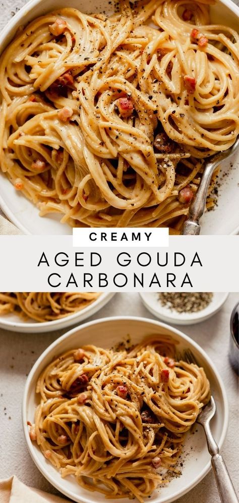 Creamy, cozy Gouda Carbonara! The classic Italian pasta dish gets an upgrade from aged Gouda. Made with whole-wheat spaghetti, parmesan, salty pancetta, and tons of black pepper, this 30-minute meal is simple to make and outstanding in flavor! Gouda Recipes Healthy, Italian Classic Recipes, Whole Wheat Pasta Recipe Healthy, Smoked Gouda Pasta, Orzo Carbonara, Gouda Pasta, Gouda Recipes, Spaghetti Parmesan, Friendsgiving 2023