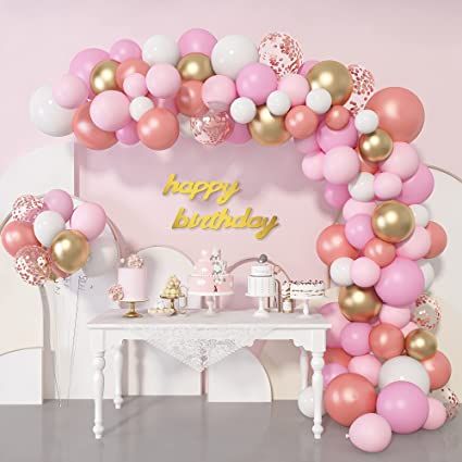 Gold And Pink Balloons, Pink Princess Party, Wedding Anniversary Party Decorations, Rose Gold Party Decor, Princess Party Decorations, Anniversary Party Decorations, Gold Confetti Balloons, White Confetti, Pink Birthday Party