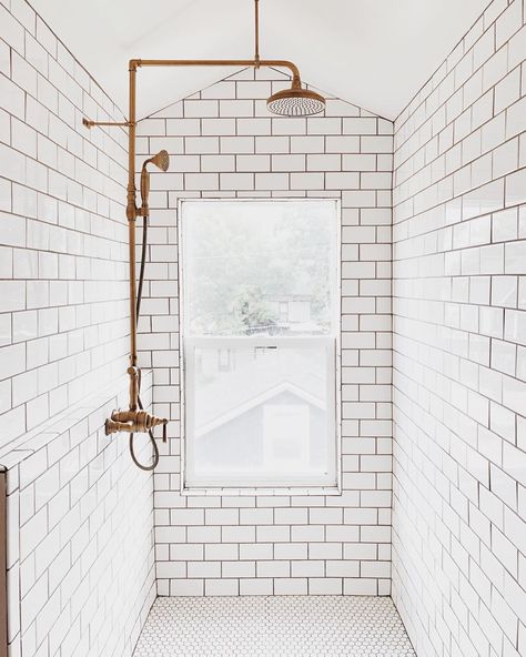 #bathroom #design #style #home White Tiles Brown Grout Bathroom, Brown Grout White Tile, Subway Tile With Brown Grout, Brown Grout, Copper Fixtures, White Shower Tile, White Subway Tile Bathroom, Subway Tile Showers, Subway Tiles Bathroom