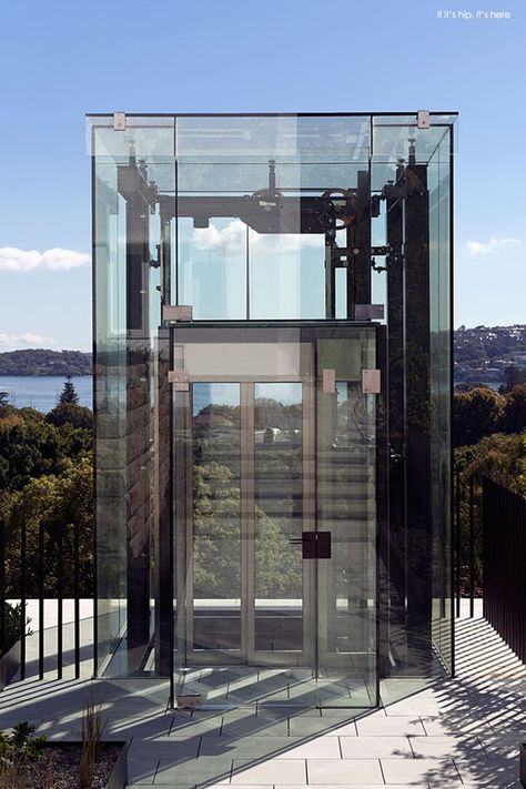 Exterior glass lift or elevator is a nice way to get down to the pool area.: Panoramic Lift, Stair Elevator, House Lift, Elevator Interior, Glass Lift, Elevator Design, Glass Elevator, Exterior Stairs, Glass Structure