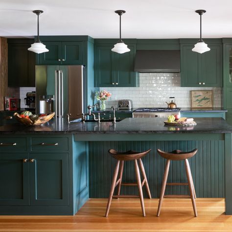 75 Kitchen with Green Cabinets and Black Countertops Ideas You'll Love - November, 2024 | Houzz Emerald Cabinets Kitchen, Dark Green Kitchen Cabinets, Kitchen With Green Cabinets, Countertops Ideas, Industrial Scandinavian, Dark Green Kitchen, Scandinavian Rustic, Farmhouse Transitional, Ideas For Storage