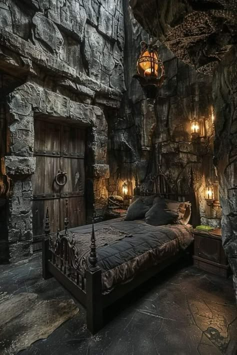 Dark Castle Bedroom, Evil Fortress, Dark Fantasy Bedroom, Fantasy Bedroom Ideas, Medieval Bedroom, Medieval Witch, Mystical Decor, Dungeon Room, Story Settings