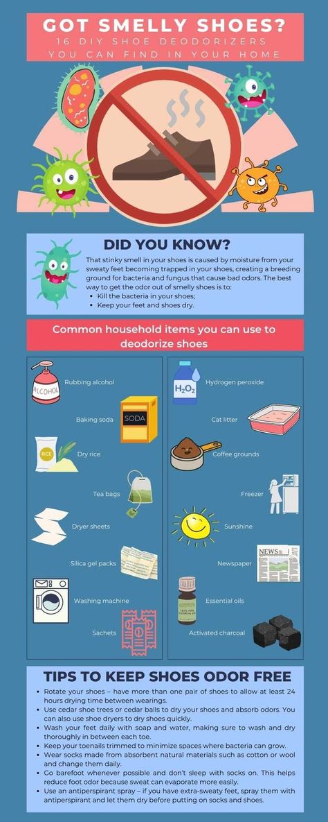 This is an infographic that explains why shoes get stinky and lists 16 household items you can use for DIY shoe deodorizer.  Infographic also explains how to keep shoes from becoming smelly. Get Smell Out Of Shoes, How To Get Your Shoes To Stop Smelling, How To Remove Odor From Shoes, Shoes Smell How To Get Rid Of, How To Get Rid Of Foot Odor, Sneaker Deodorizer Diy, Shoe Smell Remover Diy, How To Keep Shoes From Smelling, Feet Odor Remedy