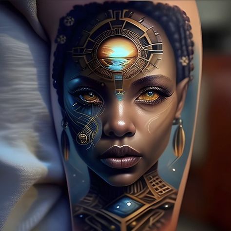 African Goddess Tattoo, Women Tattoos For Men, Ideas Tattoos For Women, Art Design Tattoo, Most Beautiful Tattoos, Tattoos Minimal, Afro Futurism, Tattoo World, Afrofuturism Art