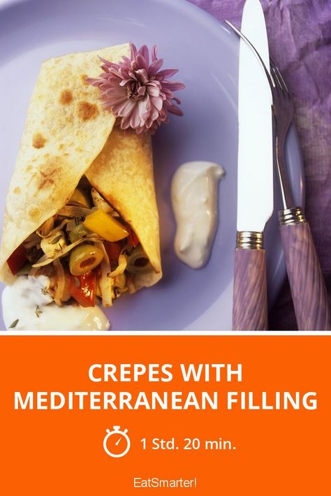 Crepes with Mediterranean Filling - simple dish - So healthy is the recipe: 86.0/10 | A recipe idea by EAT SMARTER | Crepe, Eggs, fruit-vegetable, Vegetable, Sauce #pancake #healthyrecipes Crepe Filling, Crepes Filling, Healthy Delicious Recipes, Squash Vegetable, Olive Relish, Crepe Recipes, Pastry Flour, Yogurt Sauce, Green Olives