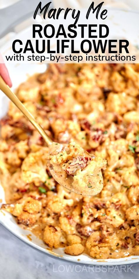 You'll fall in love with this Marry Me Roasted Cauliflower at first taste! It's crispy on the outside, tender inside, and coated in a creamy, garlicky Parmesan sauce that's simply divine. Plus, it's ready in just 10 minutes of prep time, making it the perfect side dish for when you want something quick but absolutely delicious. Veggie Meal Recipes, Fall Vegetable Side Dishes Casserole Recipes, Side Of Vegetables, Weeknight Veggie Sides, Keto Veggie Dinner, Cauliflower Meals Dinners, Fall Dinner Sides Recipes, Marry Me Roasted Cauliflower, Cod And Cauliflower Recipes