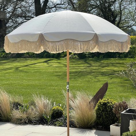 Boho Parasol H226cm Scallop WHITE Tassel Parasol Perfect - Etsy UK White Parasol, Pink Grass, Awning Shade, Garden Parasols, Garden Umbrella, Garden Cushions, White Tassel, Deck Garden, Shade Sail