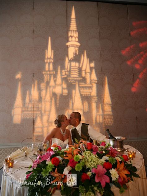 Projector magic for any type of party decor or backdrop.  Interesting. Disney Princess Wedding, Disney Inspired Wedding, Disney Wedding Theme, Tema Disney, Disney Weddings, Disney Fairy Tale Weddings, Cinderella Wedding, Themed Weddings, Lighting Decor