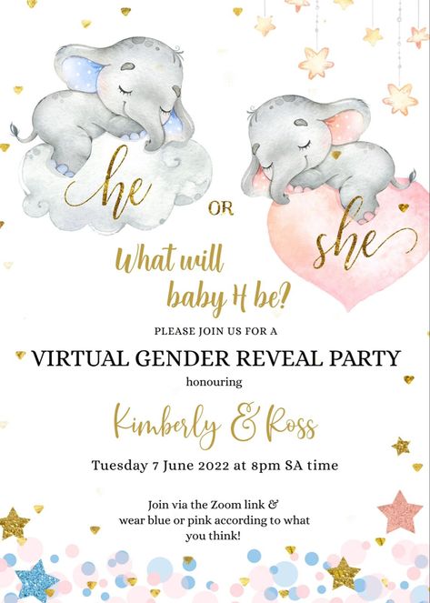 #genderrevealinvite #genderrevealinvitation #genderreveal #virtualgenderrevealinvite #virtualgenderreveal #onlinegenderreveal #onlinegenderrevealinvitation Gender Invitations, Gender Reveal Invitation Ideas, Gender Reveal Elephant, Virtual Gender Reveal, Gender Reveal Invites, Elephant Baby Shower Theme Boy, Gender Reveal Invitations Template, Baby Gender Reveal Party Decorations, Gender Reveal Cookies