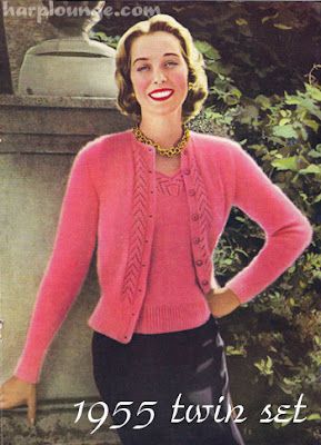 The Vintage Pattern Files: 1950S Knitting - Twin Set For Glamorous Evenings Womens Knitting Patterns, Vintage Knitwear, Vogue Knitting, Vintage Mom, Vintage Knitting Patterns, Twin Set, Knitting Girls, Garter Stitch, Knitting Women