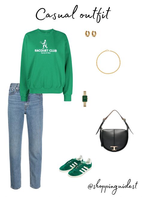 Casual outfit with blue jeans and green sweatshirt Green Trainers Outfit, Green Sneakers Outfit, Outfit With Blue Jeans, Trainers Outfit, Green Trainers, Adidas Originals Gazelle, Green Sneakers, Green Sweatshirt, Sporty And Rich