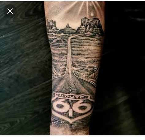 Car Sleeve Tattoo, Route 66 Tattoo, Biker Tattoos Designs, Western Style Tattoos, Scenic Tattoo, Desert Tattoo, Vegas Tattoo, Full Leg Tattoos, Mark Tattoo