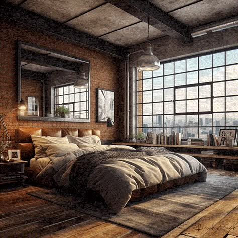 Loft Type Bedroom, Industrial Chic Bedroom, Small Apartment Bedroom Decor, Small Apartment Bedroom Ideas, Cozy Small Apartment, Masculine Bedroom Design, Loft Bed Ideas, Small Apartment Bedroom, Industrial Bedroom Design