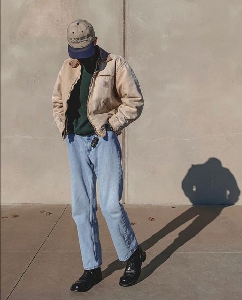 Tan Carhartt Jacket Outfit, Workwear Jacket Outfit Men, Tan Jacket Outfit Mens, Carhartt Detroit Jacket Outfit, Tan Jacket Outfit, Earth Tone Clothes, Carhartt Outfit, Carhartt Detroit Jacket, Detroit Jacket