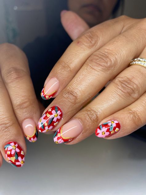 Nail Art With Gold, Blossom Nail Art, Cherry Blossom Nails Art, Art With Gold, Cherry Blossom Nails, Pink And Red, Gold Accents, Cherry Blossom, Blossom