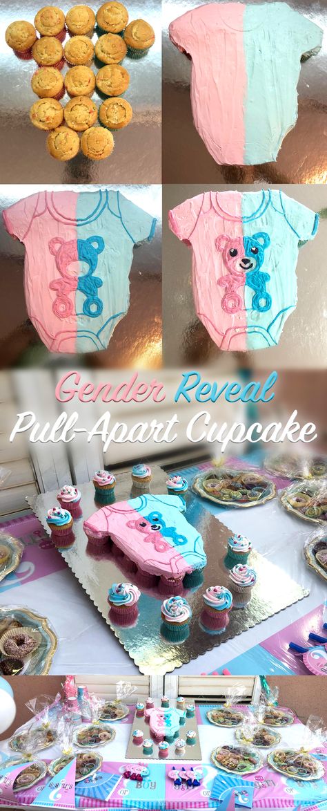 Gender Reveal Pull-Apart Cupcake Baby Onesie pull apart cupcake for gender reveal so cute, so babyish Cupcake Cakes Gender Reveal, Gender Reveal Pull Apart Cupcakes, Cupcake Pull Apart Cake Ideas, Gender Reveal Cupcake Ideas, Cupcake Gender Reveal, Cupcake Cakes Pull Apart, Baby Reveal Cupcakes, Onesie Cake, Gender Reveal Dessert