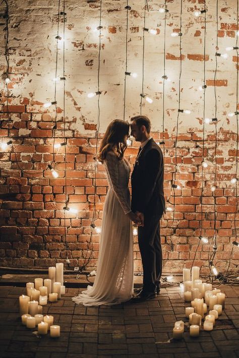 Minimalist altar setup Candlelit Wedding, Wedding Ceremony Ideas, Wedding Goals, Industrial Wedding, Romantic Weddings, Wedding Pics, Wedding Lights, Wedding Backdrop, Brick Wall