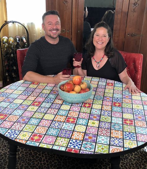 Table With Different Color Chairs, Mexican Tile Table, Boho Tiles, Mexican Boho, Mexican Table, Diy Table Top, Tile Table, Mexican Tile, Colorful Chairs