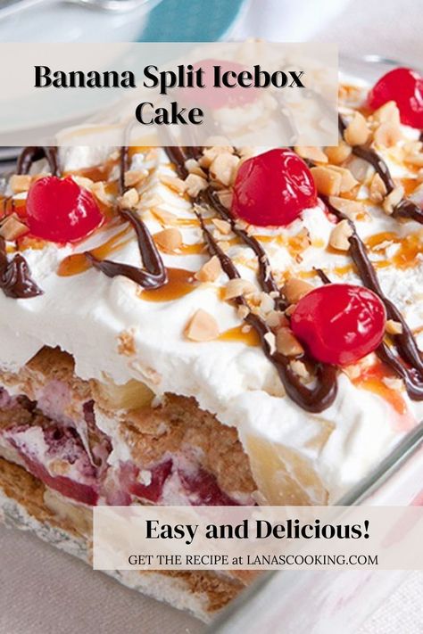 This Banana Split Icebox Cake is a summer favorite. Layers of your favorite banana split flavors in an easy, no-bake dessert make it perfect for cookouts and celebrations. Banana Split Icebox Cake Recipe, Banana Split Dessert Recipes, Banana Split Cake, Banana Split Dessert, Icebox Cake Recipes, Homemade Fudge Recipes, Banana Dessert Recipes, Homemade Fudge, Banana Dessert