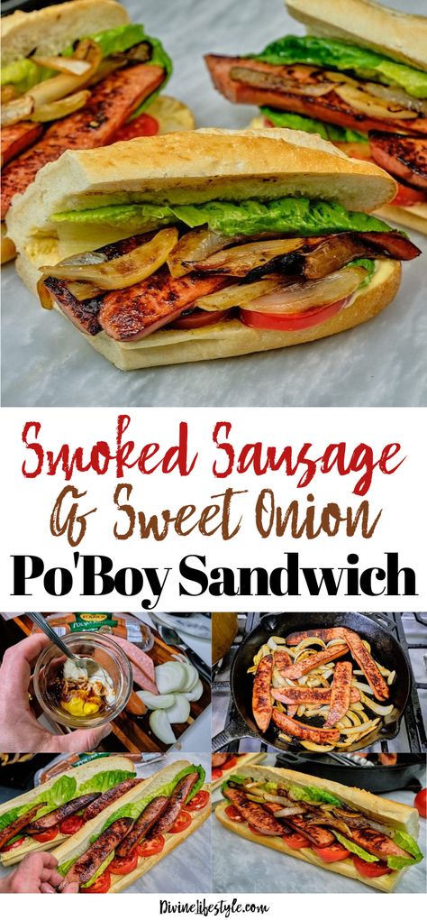 Smoked Sausage Sandwich Recipes, Poboy Sandwich, Poboy Sandwich Recipe, Sandwich Recipes Dinner, Sausage Sandwich Recipes, Sausage Sliders, Po Boy Sandwich, Sausage Sandwich, Sandwich Wraps Recipes